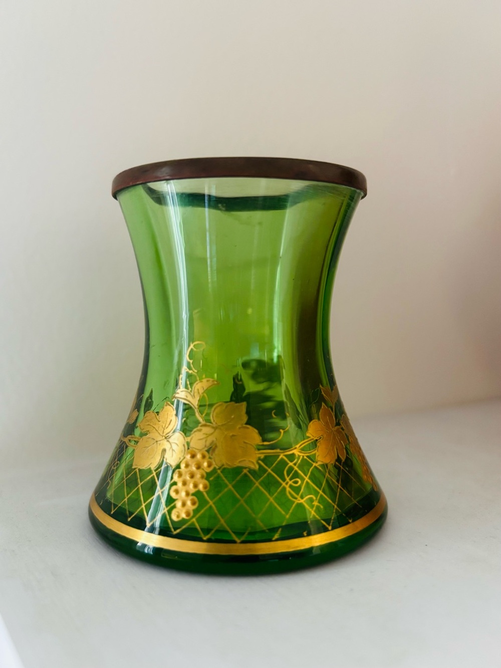 Bohemian Emerald Green Mini Decorative Vase with Gold Grape Motif